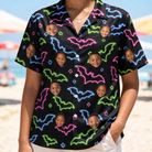 Model wearing Women's Batty Night Custom Face Hawaiian Shirt printed with kids' faces