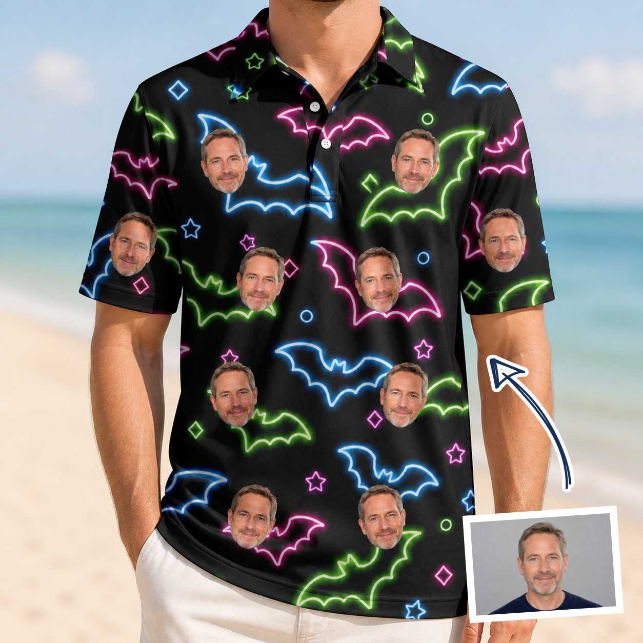 Man wearing Men's Batty Night Custom Face Polo Shirt — custom faces printed all-over