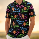 Model wearing Men's Batty Night Custom Face Polo Shirt printed with kids' faces