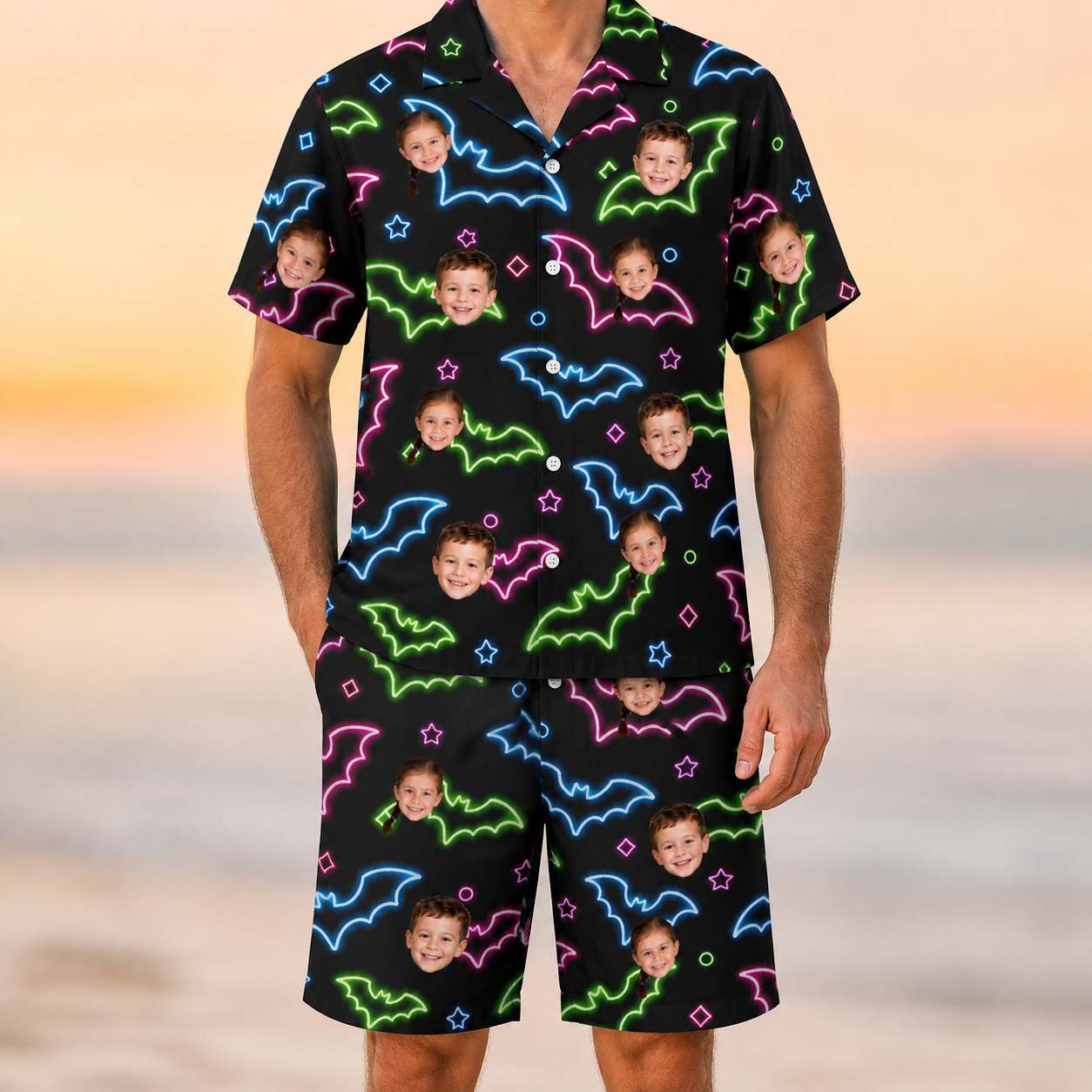 Model wearing Men's Batty Night Custom Face Shirt & Shorts Set printed with kids' faces