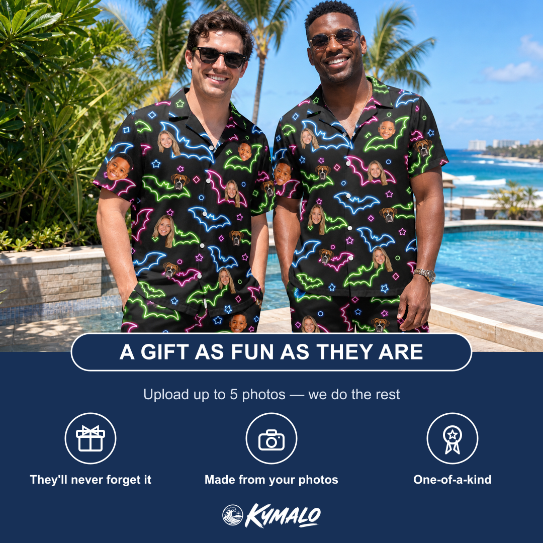 Friends in matching Men's Batty Night Custom Face Shirt & Shorts Set — a group gift photo