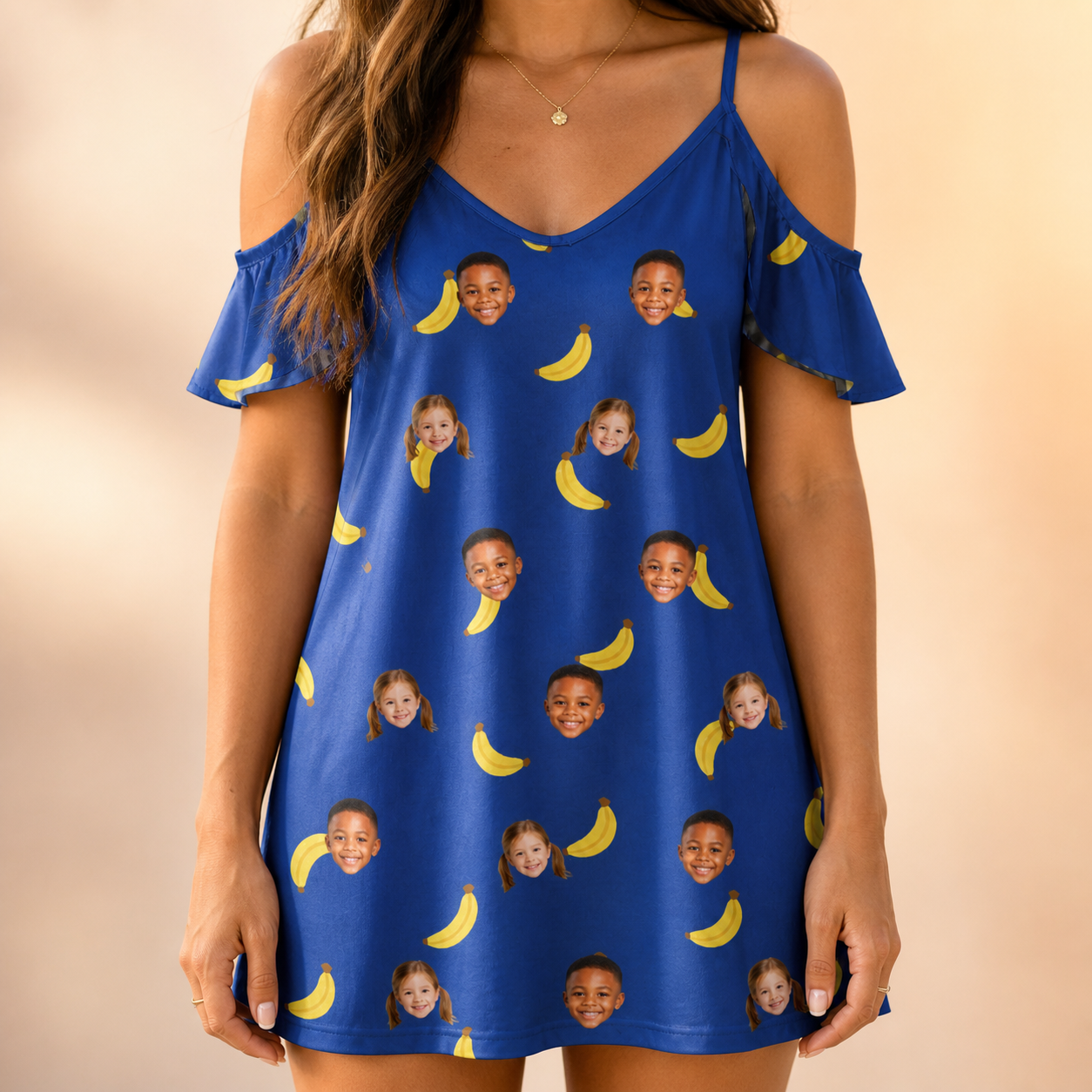 Model wearing Women's Bunch Buzz Custom Face Off-Shoulder Dress printed with kids' faces
