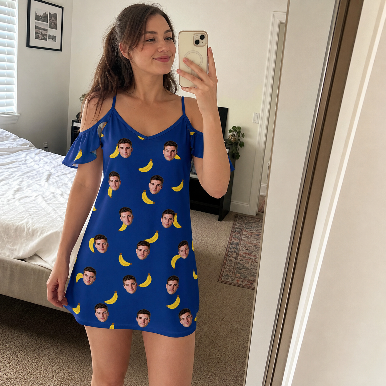 Real-life photo of someone wearing Women's Bunch Buzz Custom Face Off-Shoulder Dress — custom faces printed all-over