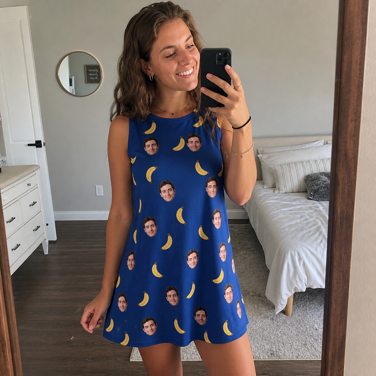 Real-life photo of someone wearing Women's Bunch Buzz Custom Face Tank Dress — custom faces printed all-over