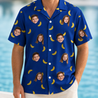 Model wearing Men's Bunch Buzz Custom Face Hawaiian Shirt printed with kids' faces
