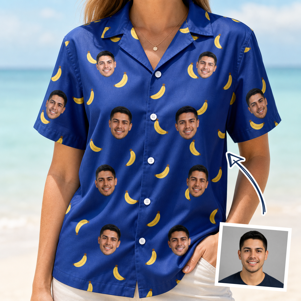 Woman wearing Women's Bunch Buzz Custom Face Hawaiian Shirt — custom faces printed all-over