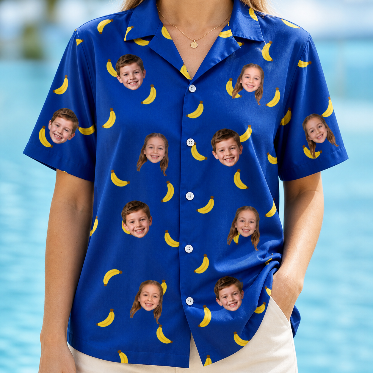 Model wearing Women's Bunch Buzz Custom Face Hawaiian Shirt printed with kids' faces