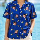 Model wearing Women's Bunch Buzz Custom Face Hawaiian Shirt printed with kids' faces