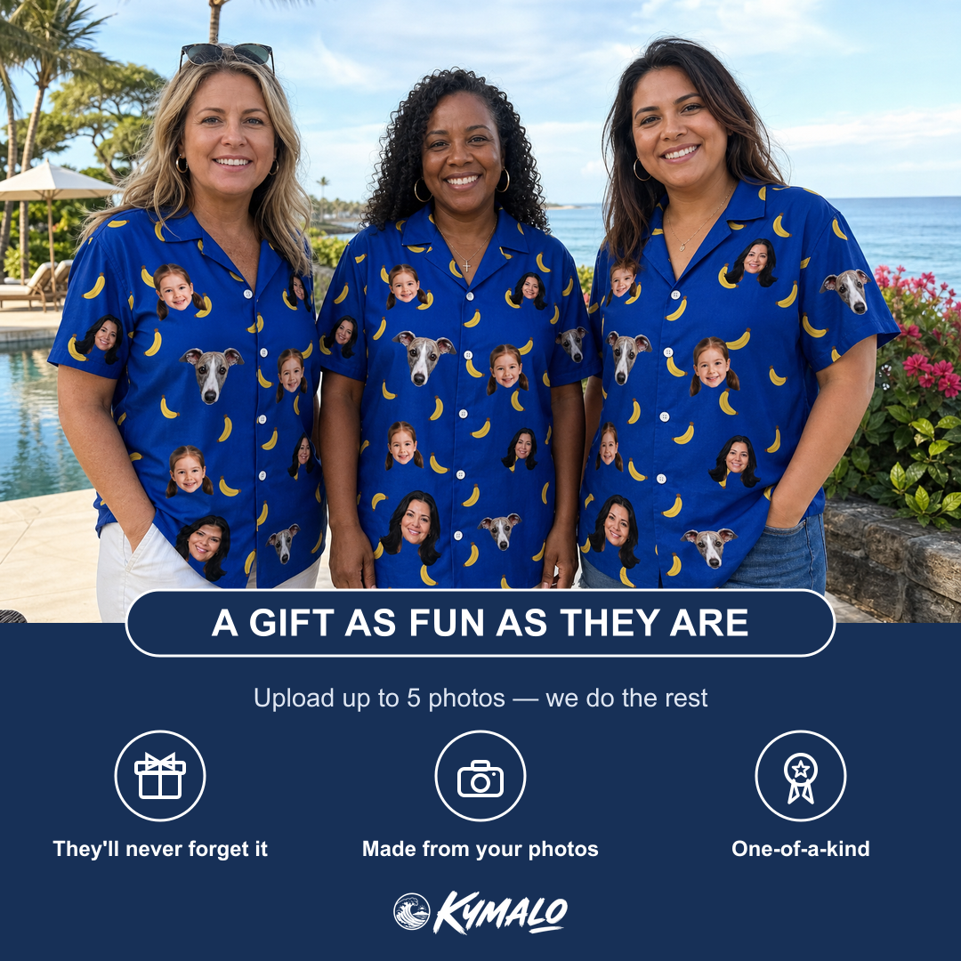 Friends in matching Women's Bunch Buzz Custom Face Hawaiian Shirt — a group gift photo