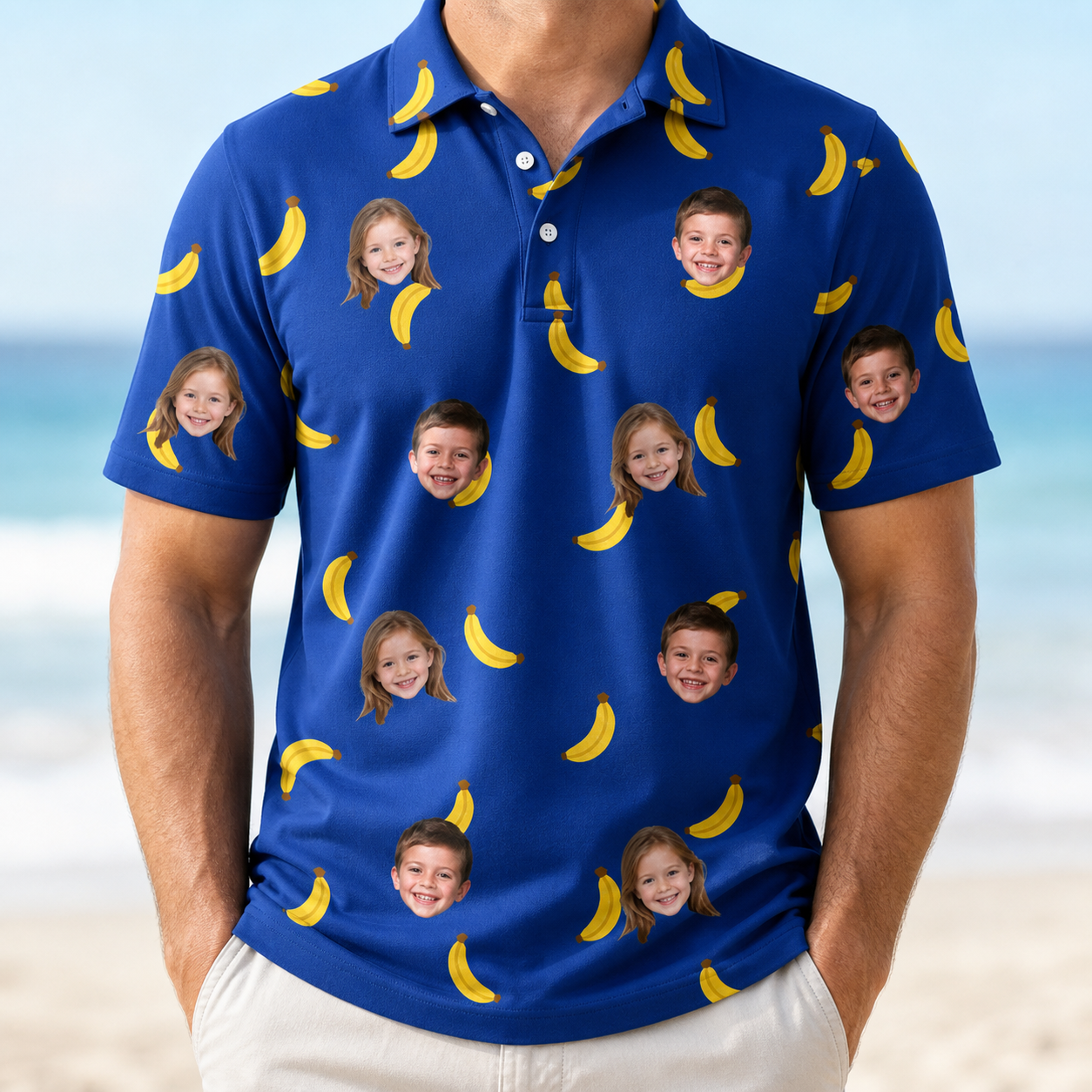 Model wearing Men's Bunch Buzz Custom Face Polo Shirt printed with kids' faces