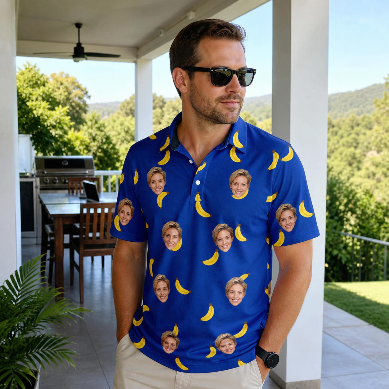 Real-life photo of someone wearing Men's Bunch Buzz Custom Face Polo Shirt — custom faces printed all-over