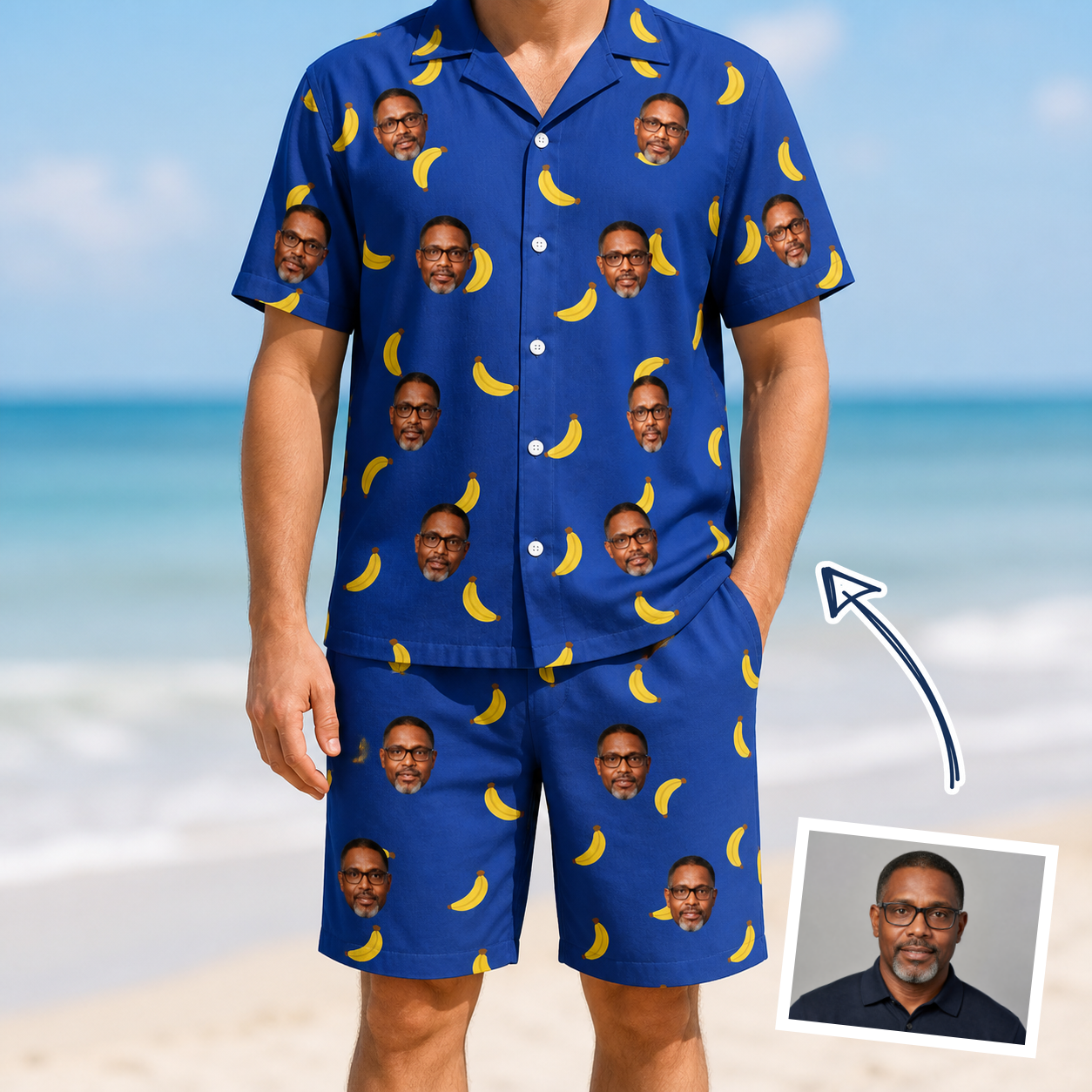 Man wearing Men's Bunch Buzz Custom Face Shirt & Shorts Set — custom faces printed all-over