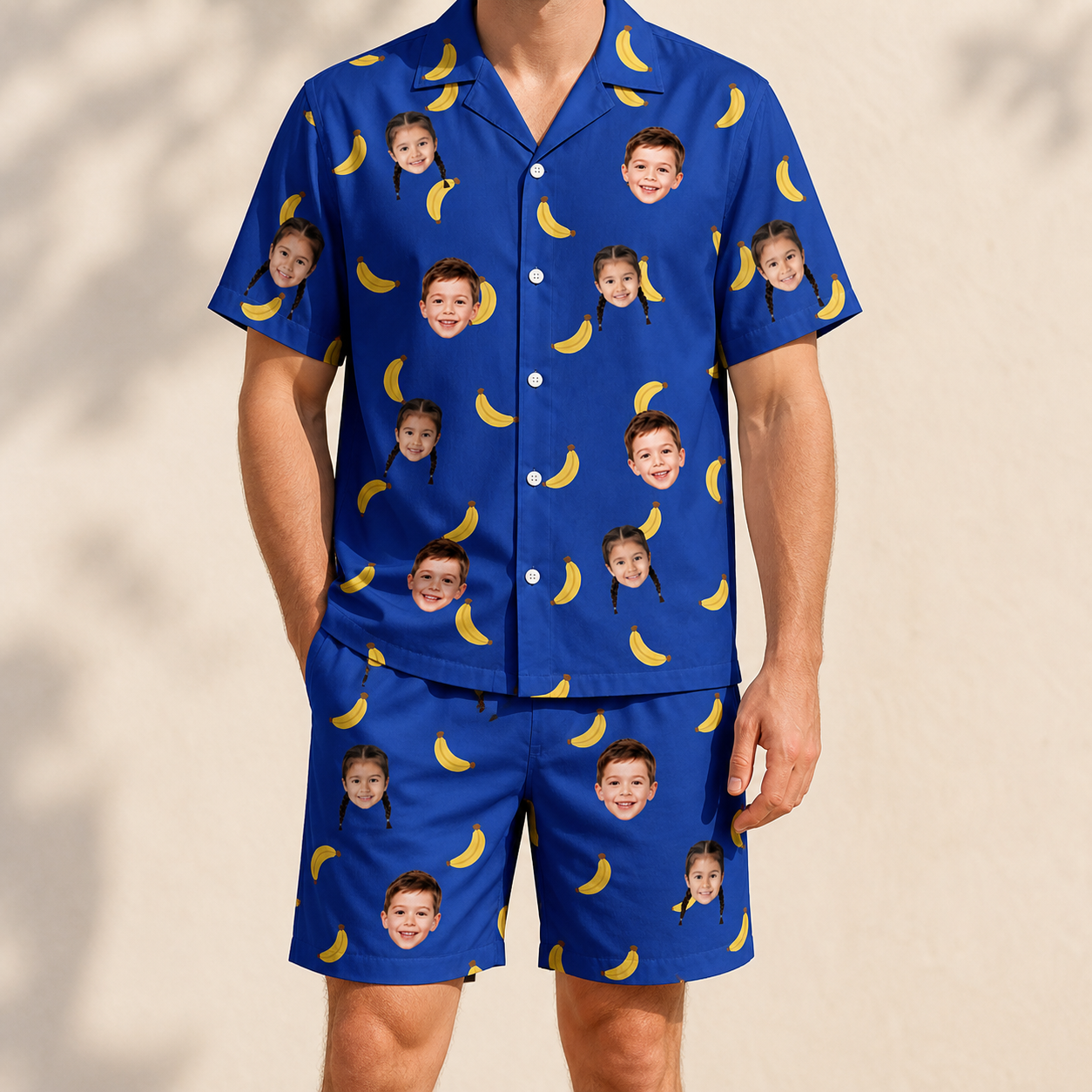 Model wearing Men's Bunch Buzz Custom Face Shirt & Shorts Set printed with kids' faces