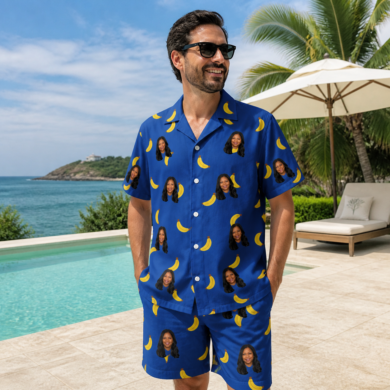 Real-life photo of someone wearing Men's Bunch Buzz Custom Face Shirt & Shorts Set — custom faces printed all-over