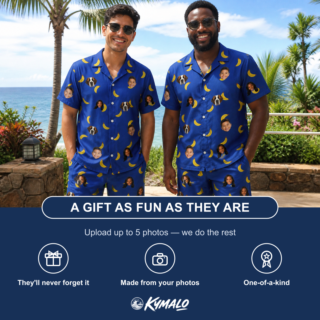Friends in matching Men's Bunch Buzz Custom Face Shirt & Shorts Set — a group gift photo
