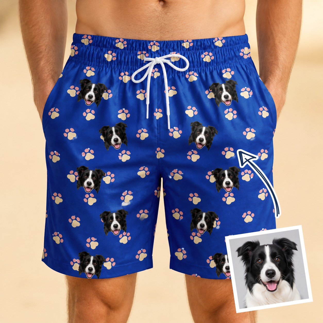 Man wearing Men's Canine Confetti Custom Dog Face Beach Shorts — custom faces printed all-over