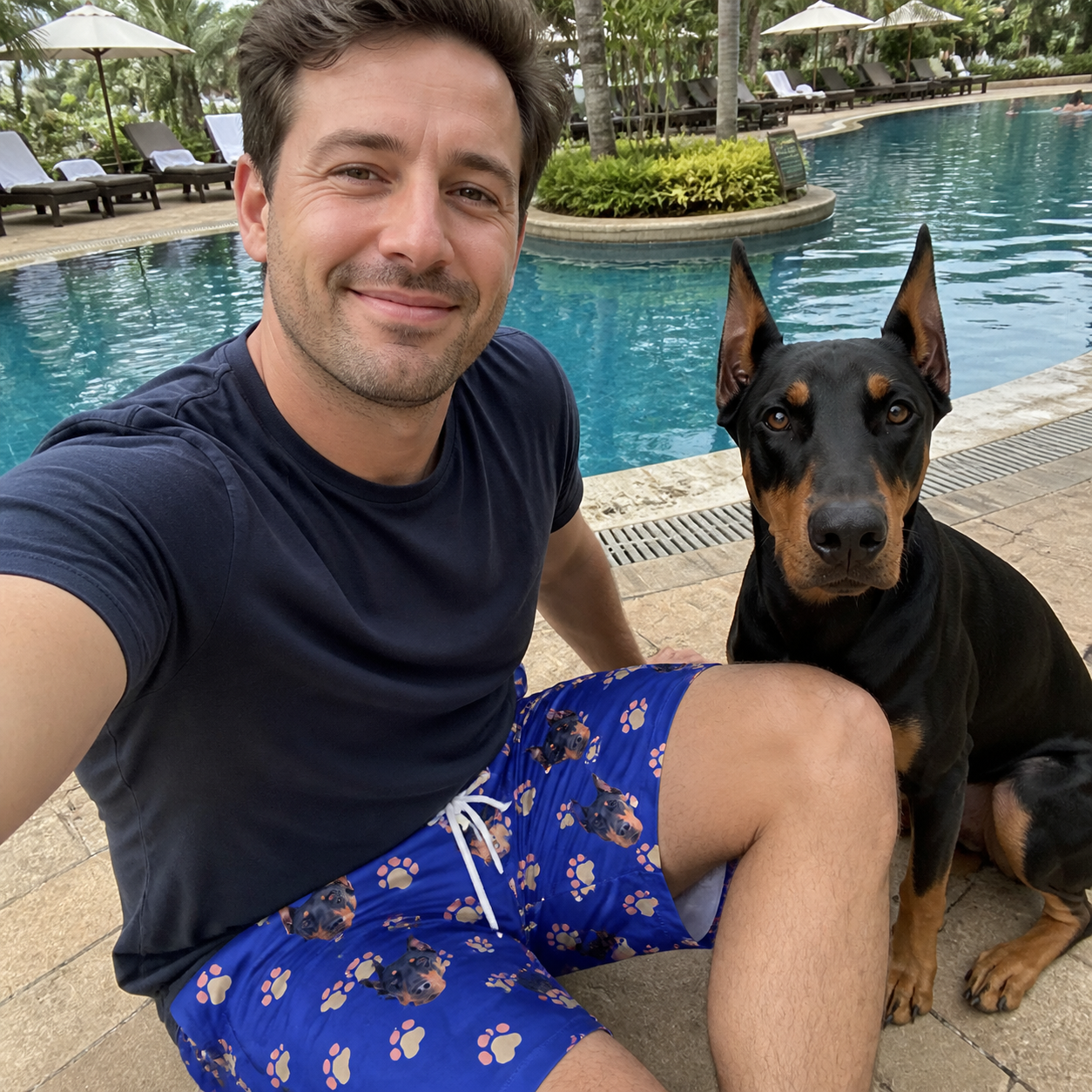Selfie with the pet whose face is printed all over this Men's Canine Confetti Custom Dog Face Beach Shorts