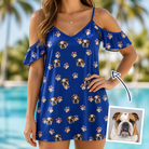 Woman wearing Women's Canine Confetti Custom Dog Face Off-Shoulder Dress — custom faces printed all-over
