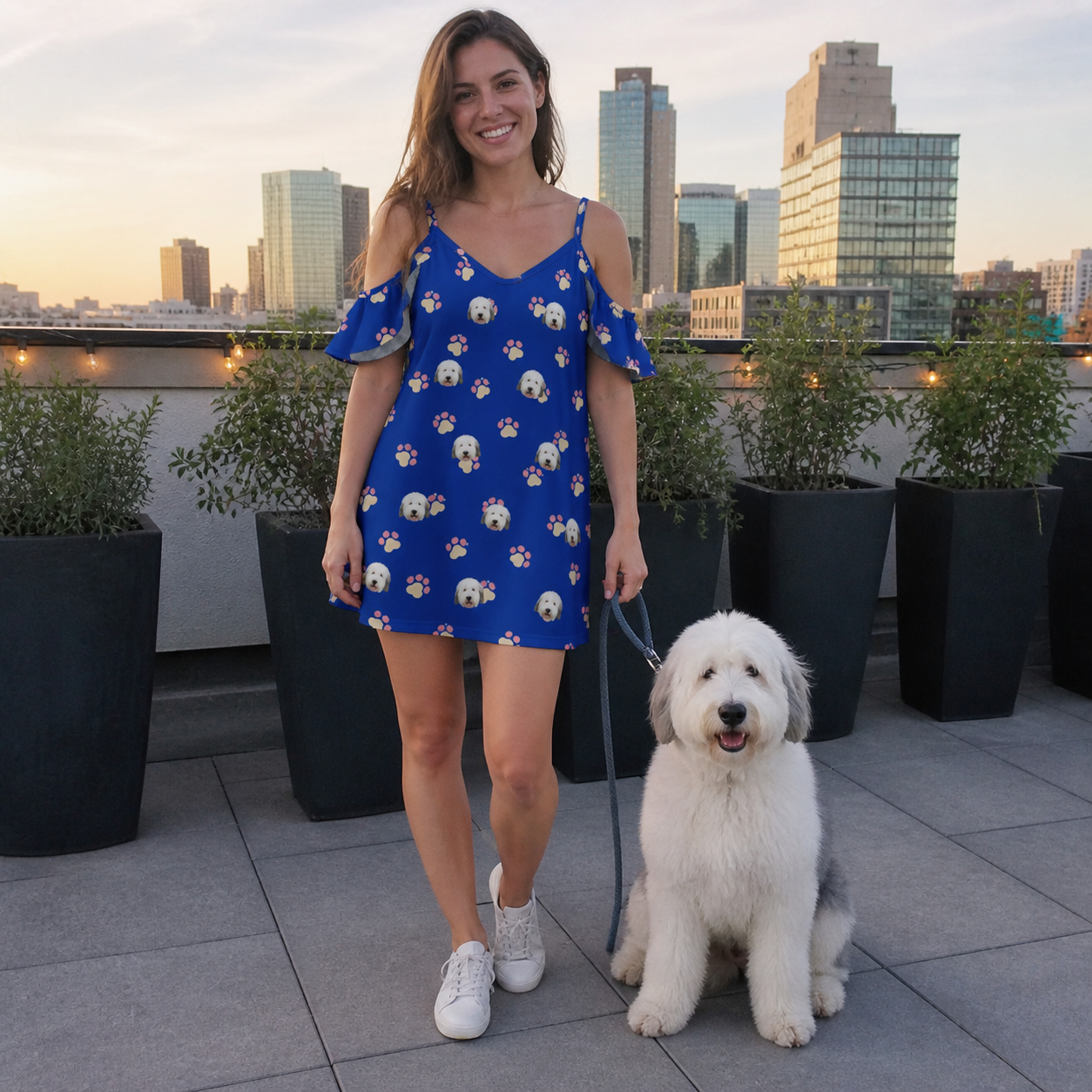 Full-length photo with the pet printed all over this Women's Canine Confetti Custom Dog Face Off-Shoulder Dress