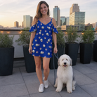 Full-length photo with the pet printed all over this Women's Canine Confetti Custom Dog Face Off-Shoulder Dress