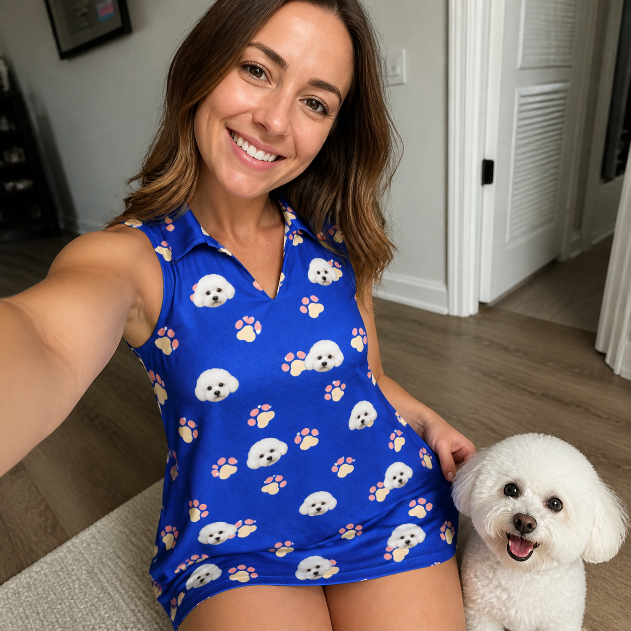 Selfie with the pet whose face is printed all over this Women's Canine Confetti Custom Dog Face V-Neck Dress