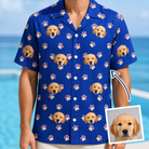 Man wearing Men's Canine Confetti Custom Dog Face Hawaiian Shirt — custom faces printed all-over