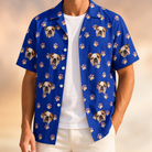 Man wearing Men's Canine Confetti Custom Dog Face Hawaiian Shirt open over a white tee