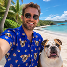 Selfie with the pet whose face is printed all over this Men's Canine Confetti Custom Dog Face Hawaiian Shirt