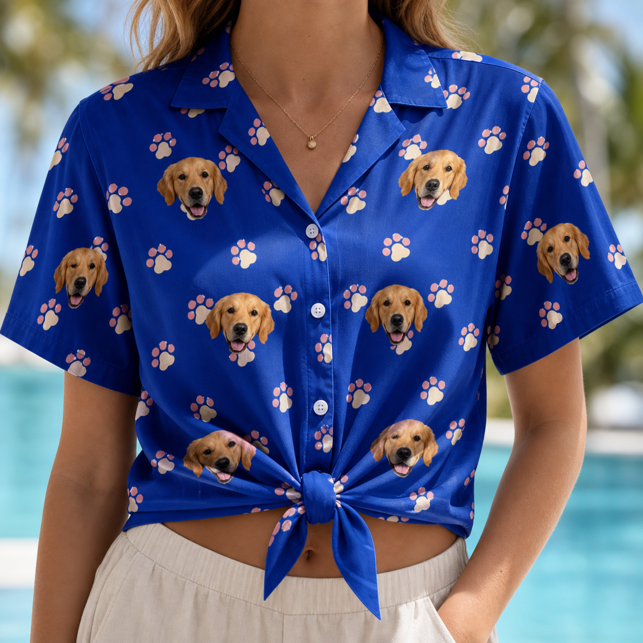 Woman wearing Women's Canine Confetti Custom Dog Face Hawaiian Shirt tied at the waist