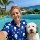 Selfie with the pet whose face is printed all over this Women's Canine Confetti Custom Dog Face Hawaiian Shirt