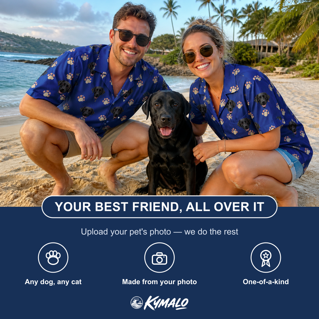 Friends in matching Women's Canine Confetti Custom Dog Face Hawaiian Shirt — a group gift photo