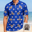 Man wearing Men's Canine Confetti Custom Dog Face Polo Shirt — custom faces printed all-over