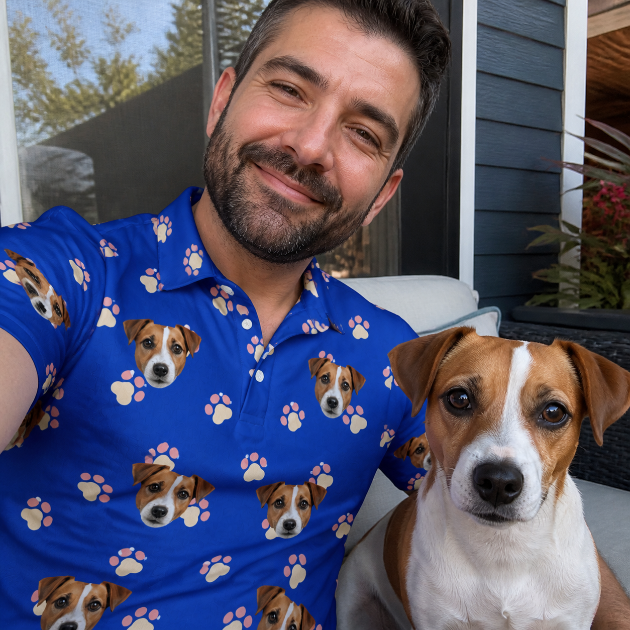 Selfie with the pet whose face is printed all over this Men's Canine Confetti Custom Dog Face Polo Shirt