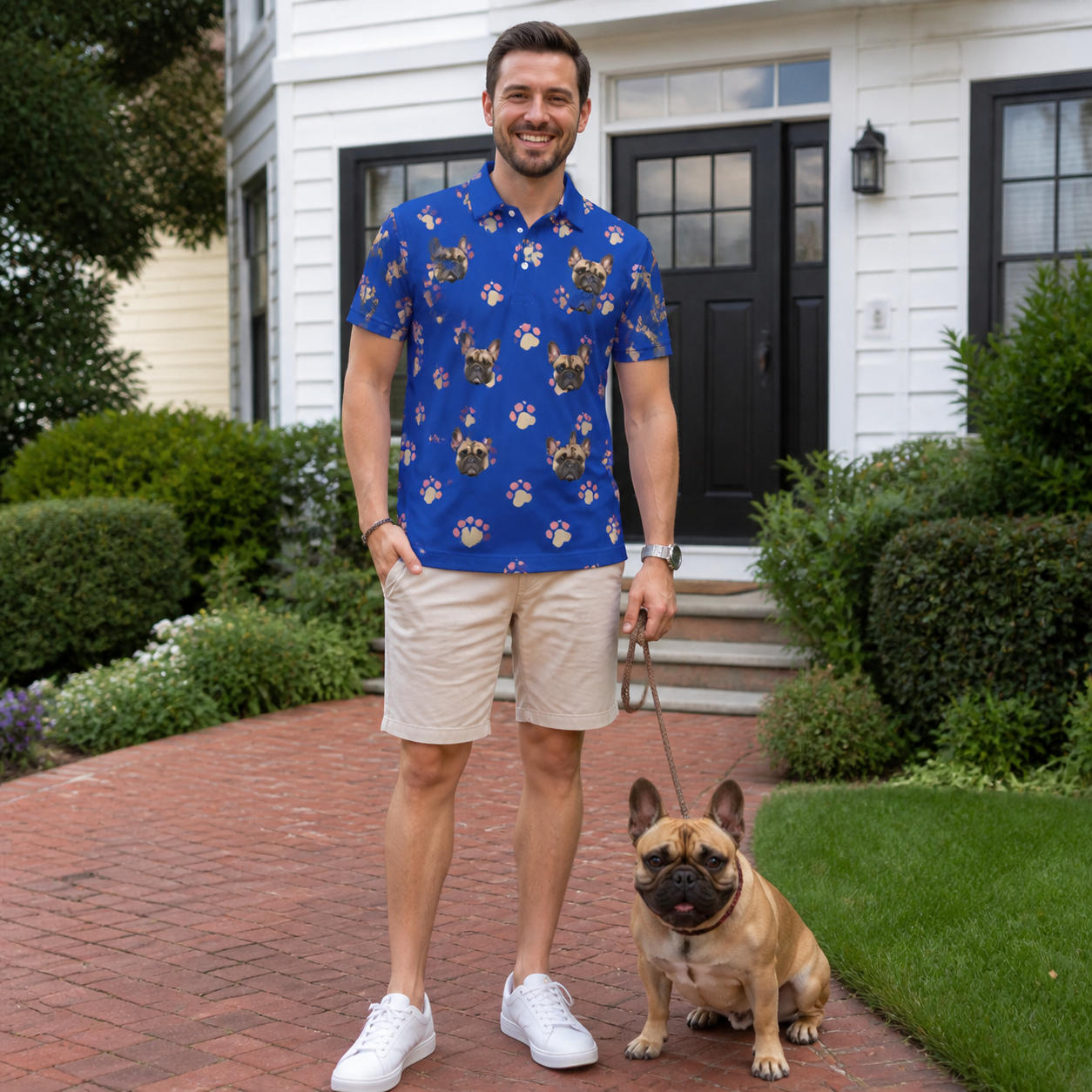 Full-length photo with the pet printed all over this Men's Canine Confetti Custom Dog Face Polo Shirt
