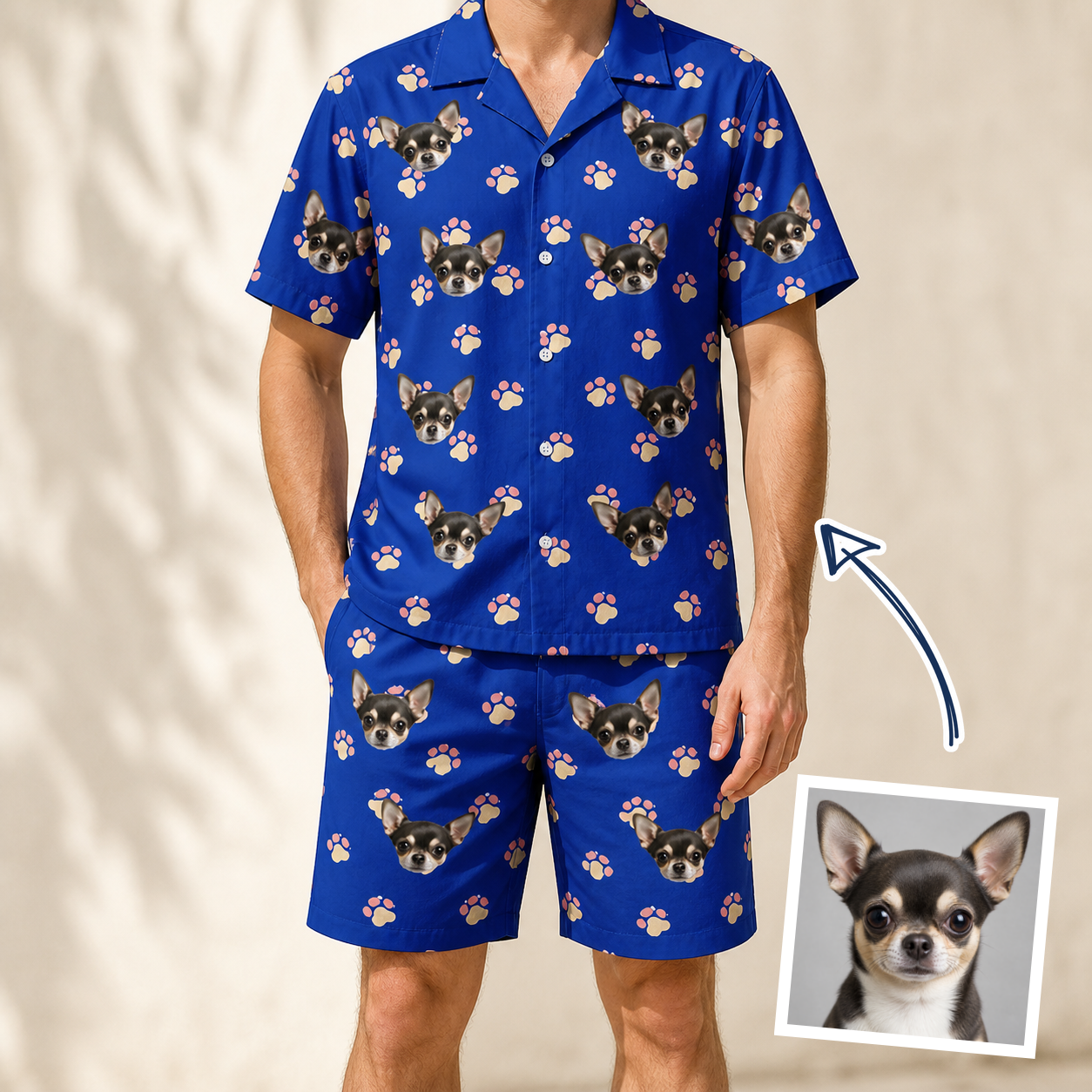Man wearing Men's Canine Confetti Custom Dog Face Shirt & Shorts Set — custom faces printed all-over