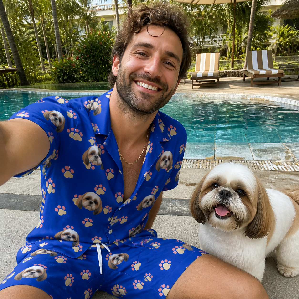 Selfie with the pet whose face is printed all over this Men's Canine Confetti Custom Dog Face Shirt & Shorts Set