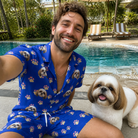Selfie with the pet whose face is printed all over this Men's Canine Confetti Custom Dog Face Shirt & Shorts Set