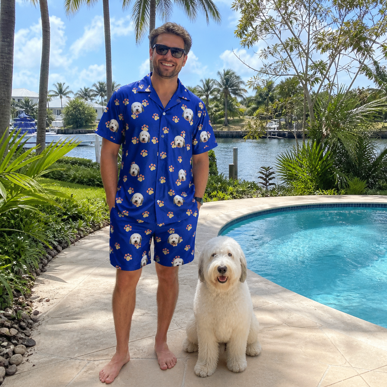 Full-length photo with the pet printed all over this Men's Canine Confetti Custom Dog Face Shirt & Shorts Set