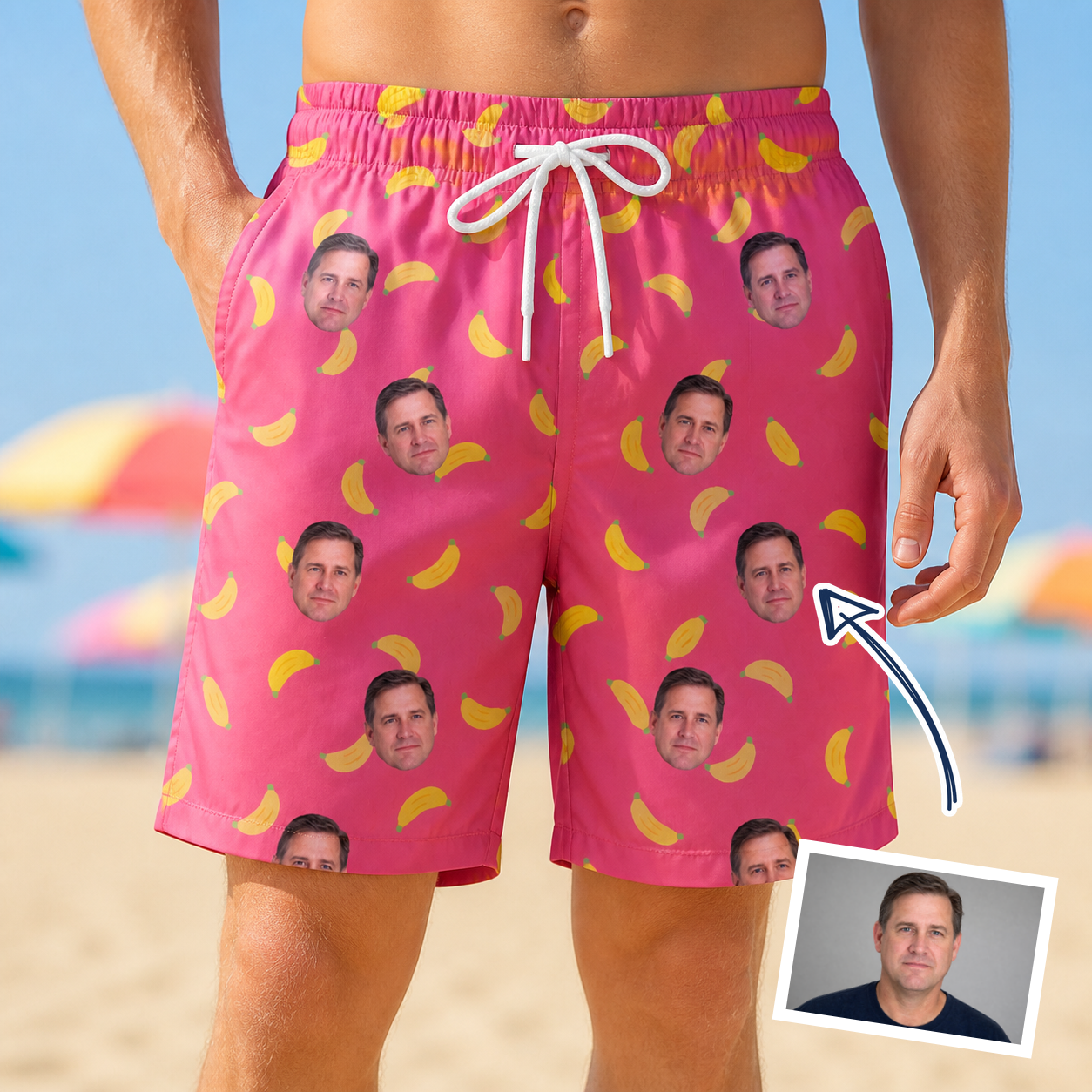 Man wearing Men's Banana Bonanza Custom Face Beach Shorts — custom faces printed all-over