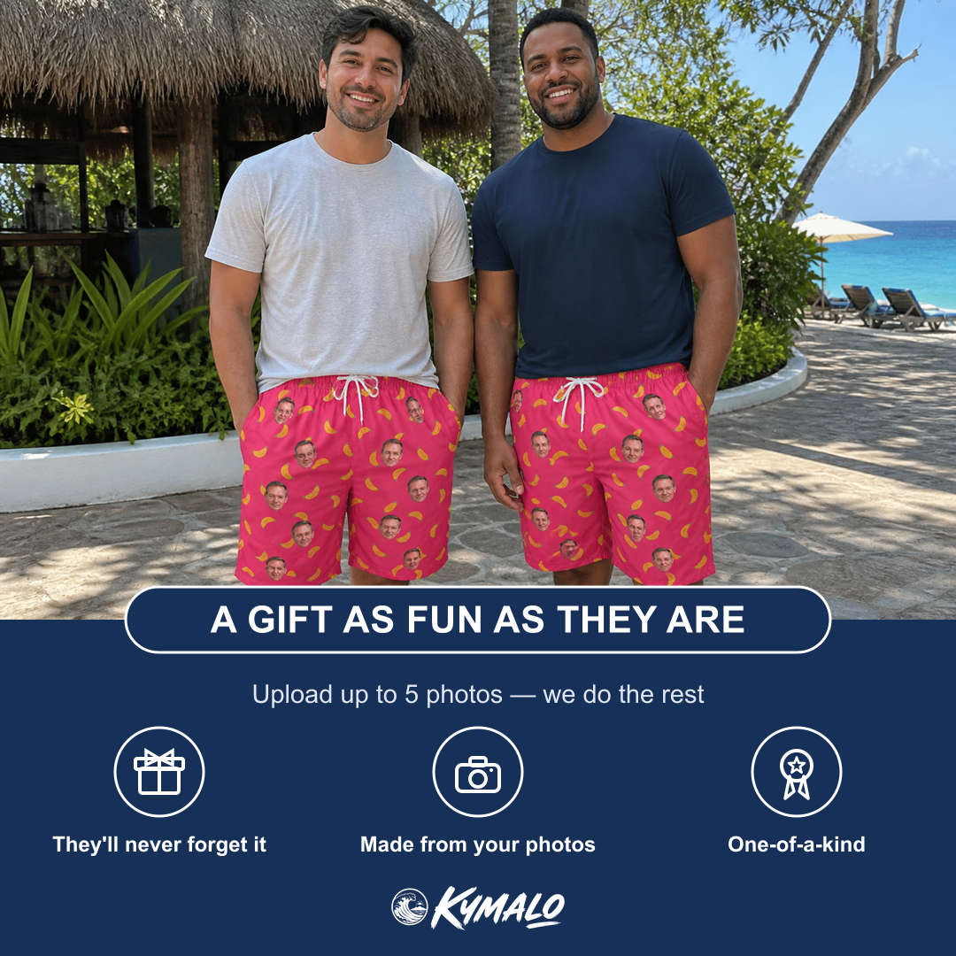 Friends in matching Men's Banana Bonanza Custom Face Beach Shorts — a group gift photo