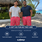 Friends in matching Men's Banana Bonanza Custom Face Beach Shorts — a group gift photo