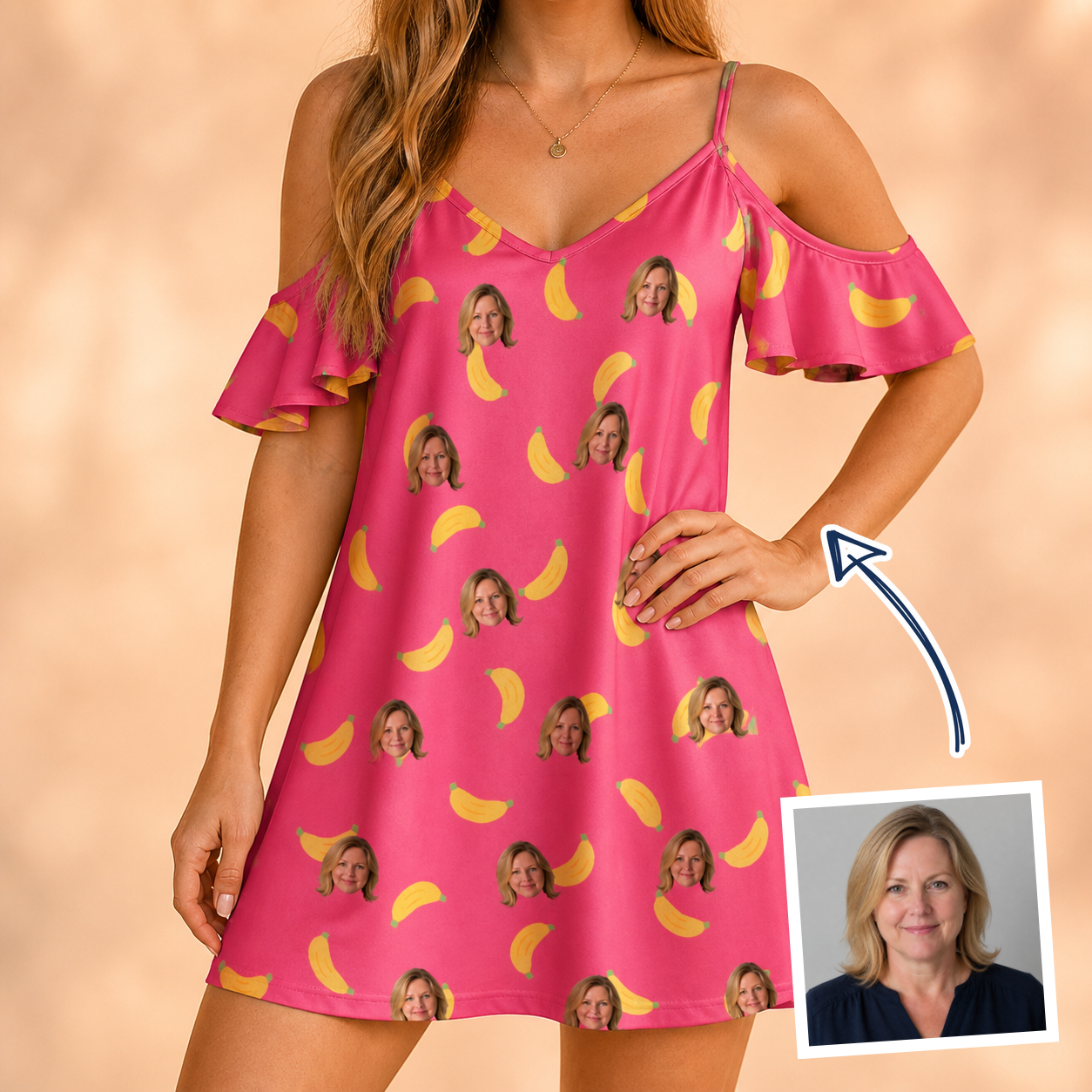 Woman wearing Women's Banana Bonanza Custom Face Off-Shoulder Dress — custom faces printed all-over