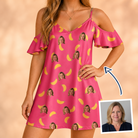 Woman wearing Women's Banana Bonanza Custom Face Off-Shoulder Dress — custom faces printed all-over