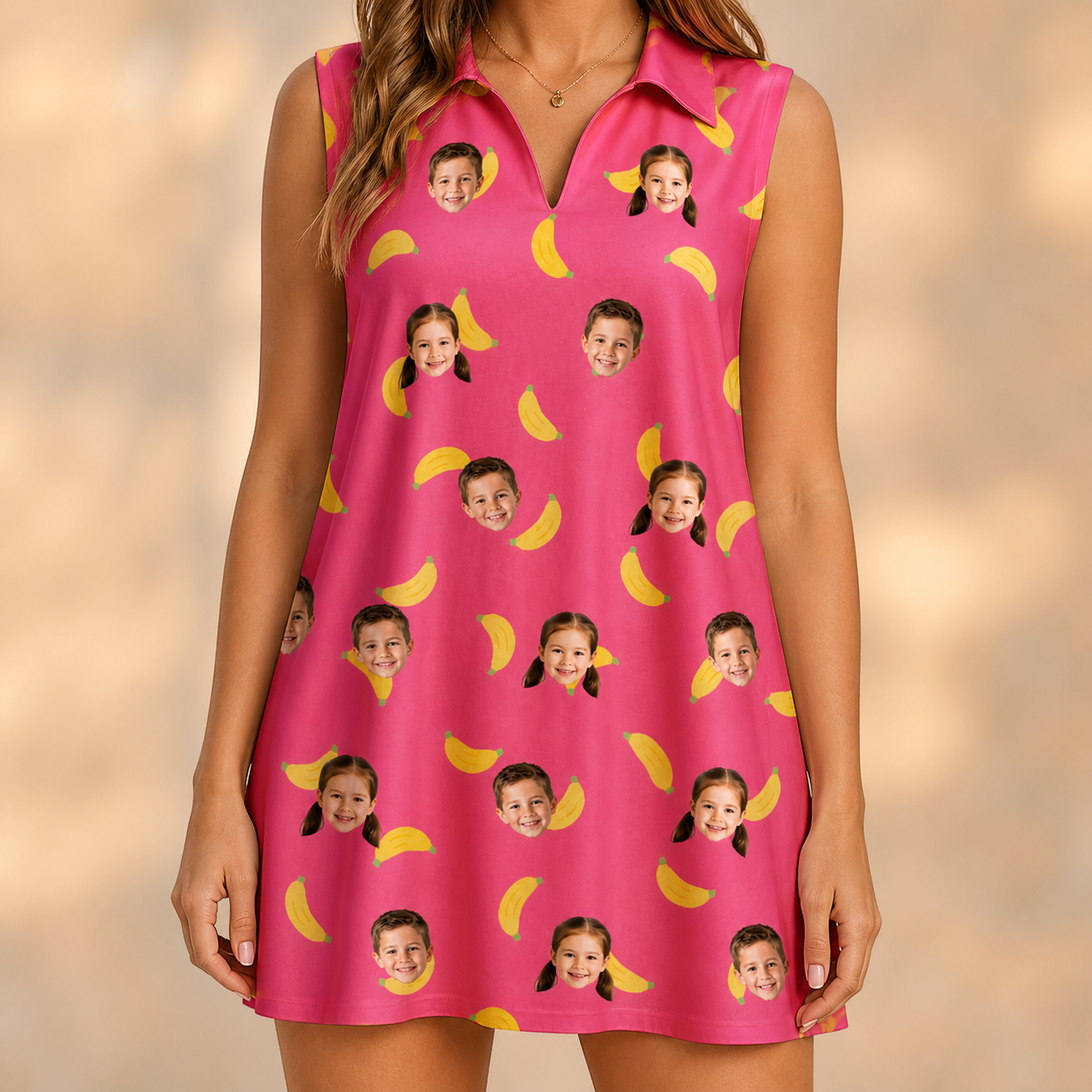 Model wearing Women's Banana Bonanza Custom Face V-Neck Dress printed with kids' faces