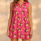 Model wearing Women's Banana Bonanza Custom Face V-Neck Dress printed with kids' faces