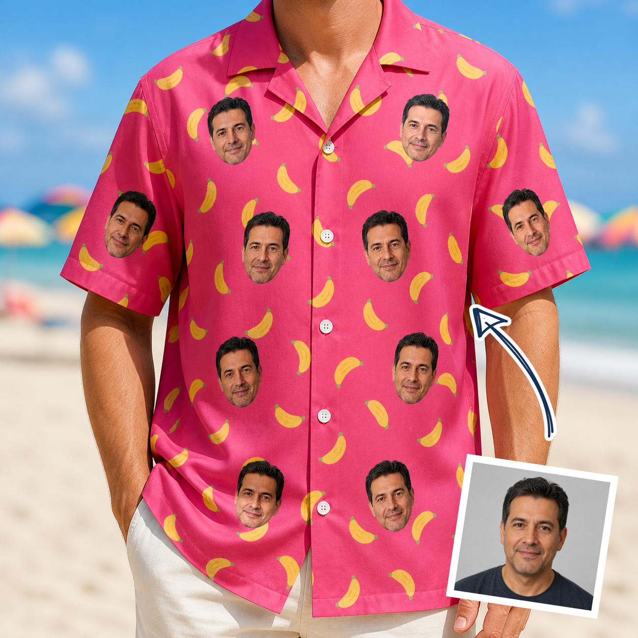 Man wearing Men's Banana Bonanza Custom Face Hawaiian Shirt — custom faces printed all-over