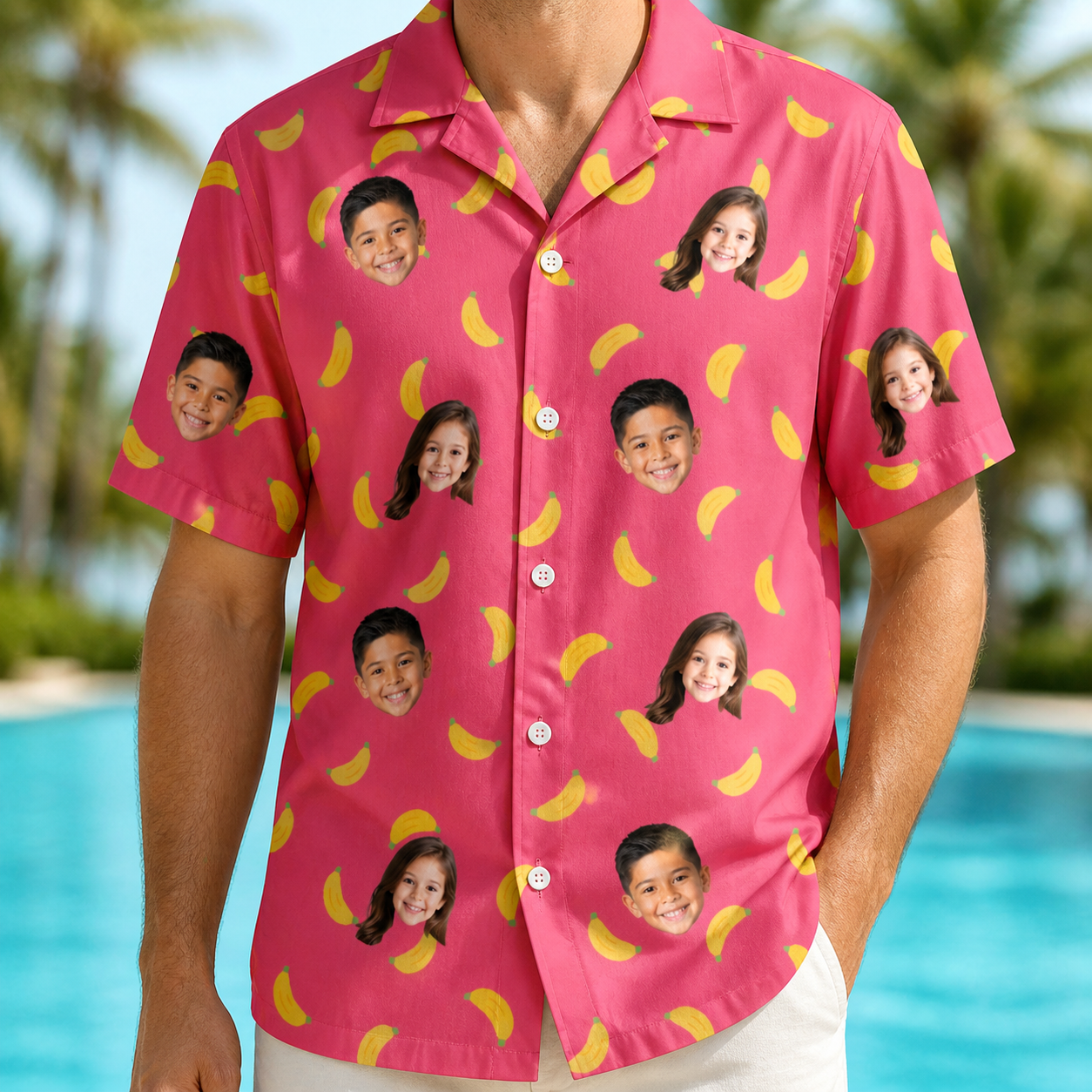 Model wearing Men's Banana Bonanza Custom Face Hawaiian Shirt printed with kids' faces