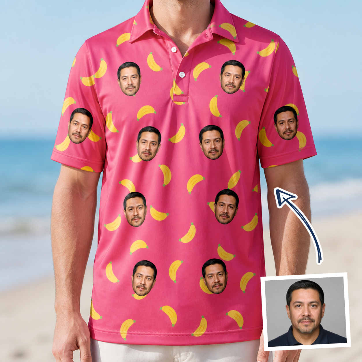 Man wearing Men's Banana Bonanza Custom Face Polo Shirt — custom faces printed all-over
