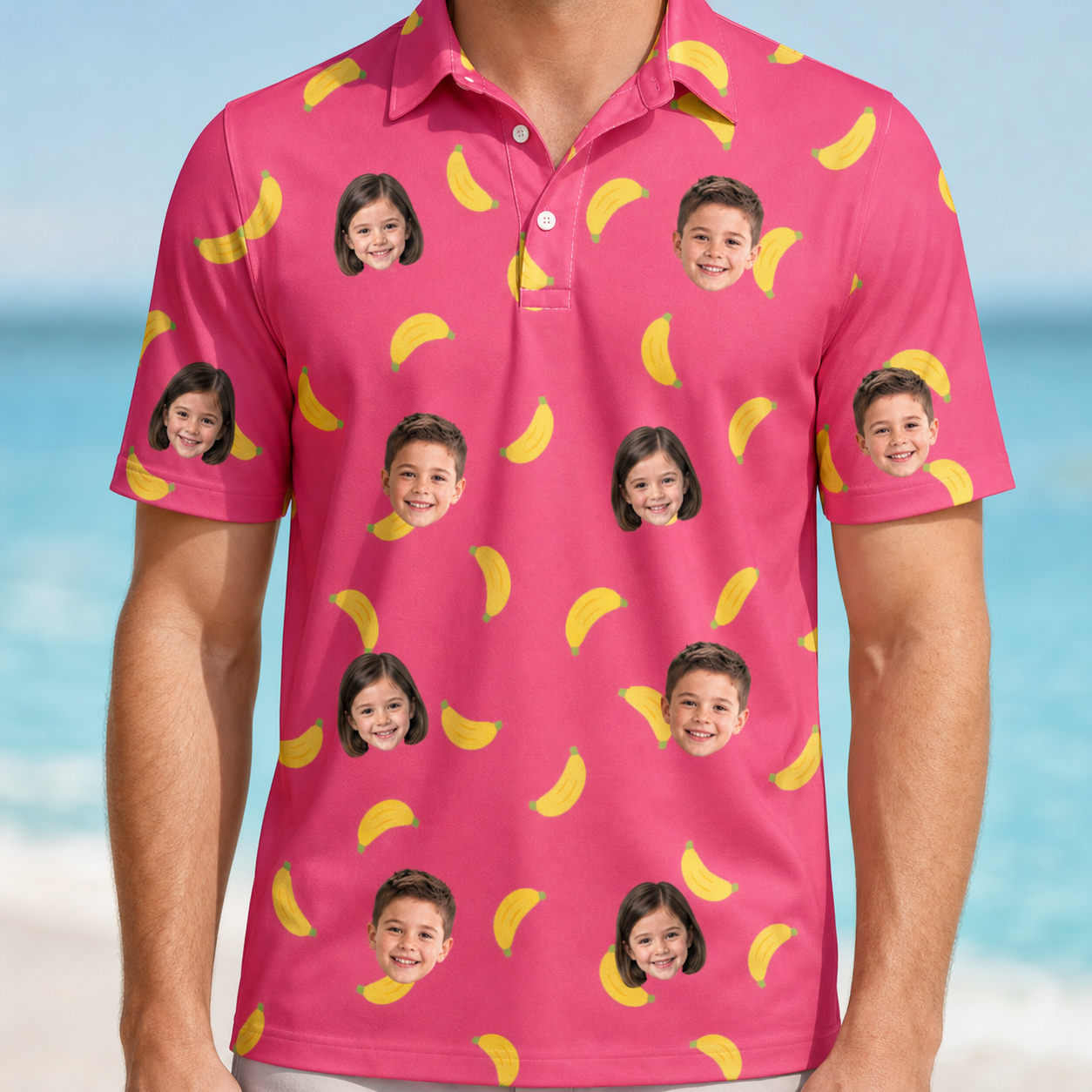 Model wearing Men's Banana Bonanza Custom Face Polo Shirt printed with kids' faces