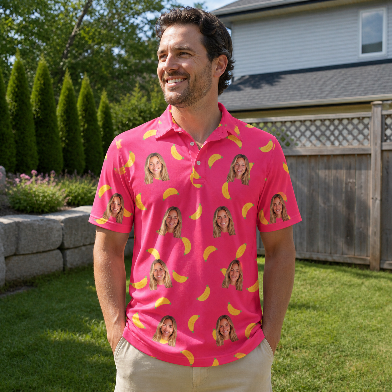 Real-life photo of someone wearing Men's Banana Bonanza Custom Face Polo Shirt — custom faces printed all-over